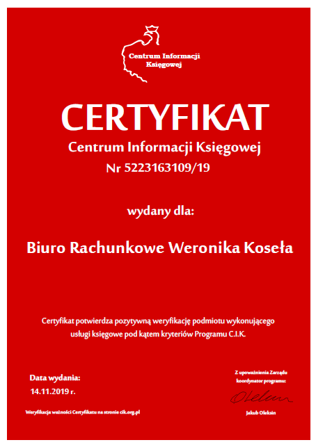 Certyfikat Centrum Informacji Księgowej wydany dla: Biuro Rachunkowe Weronika Koseła