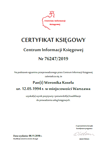 Certyfikat Księgowy Centrum Informacji Księgowej